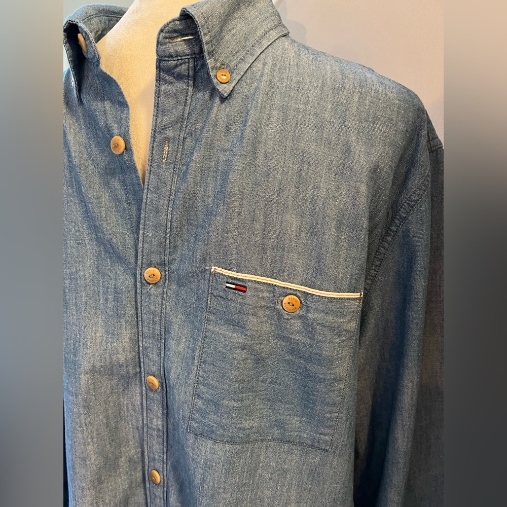 TOMMY HILFIGER Men’s Shirt Denim Blue Logo Button Down Long Sleeve Large